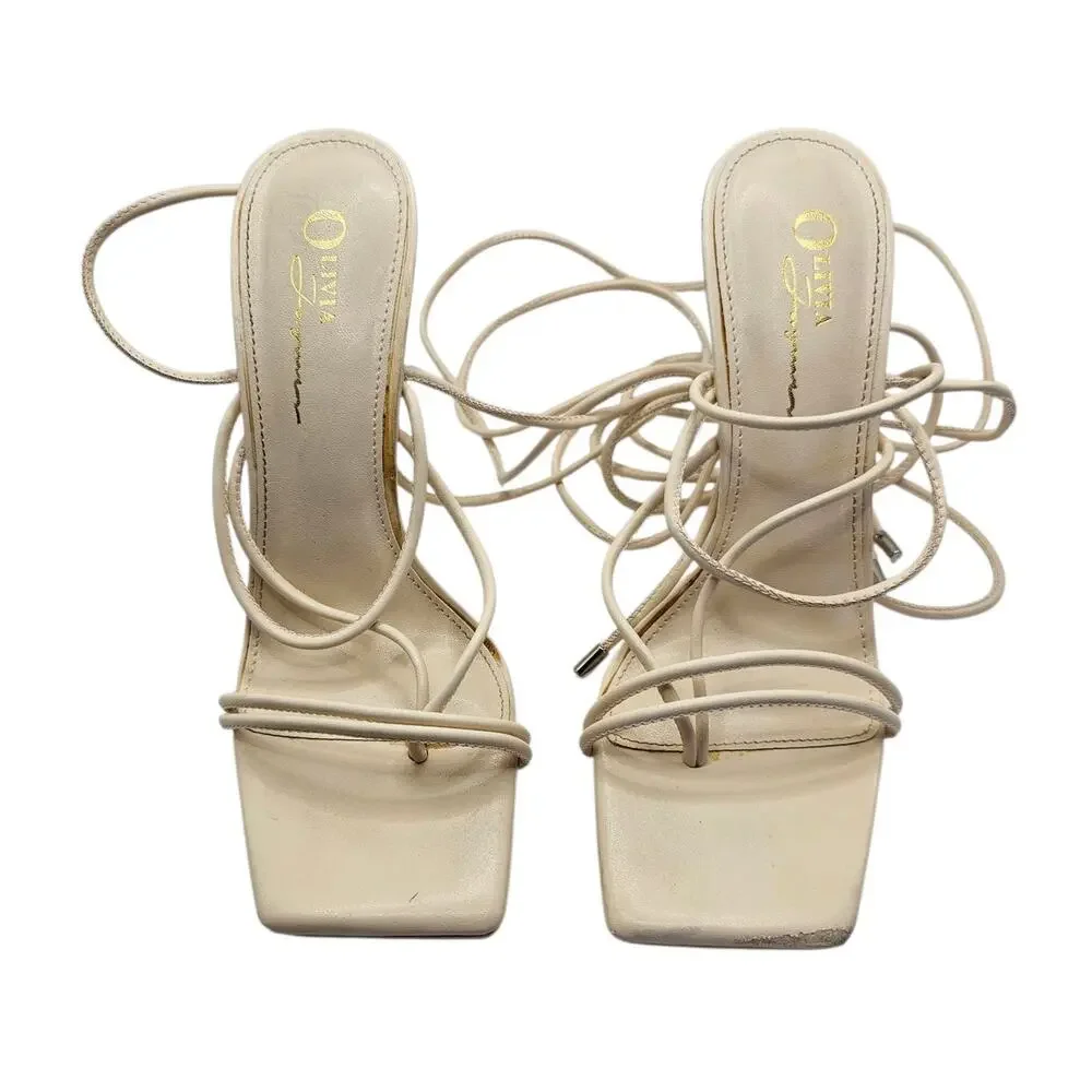 Olivia Jaymes Cream White Square Toe Lace Up Strap Cottagecore Sandal Heels